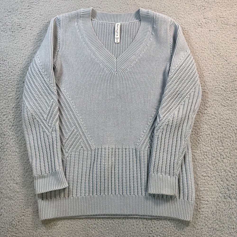 Athleta Womens XS‎ Light Blue V-Neck Shaker Ribbed Knit Pullover Sweater